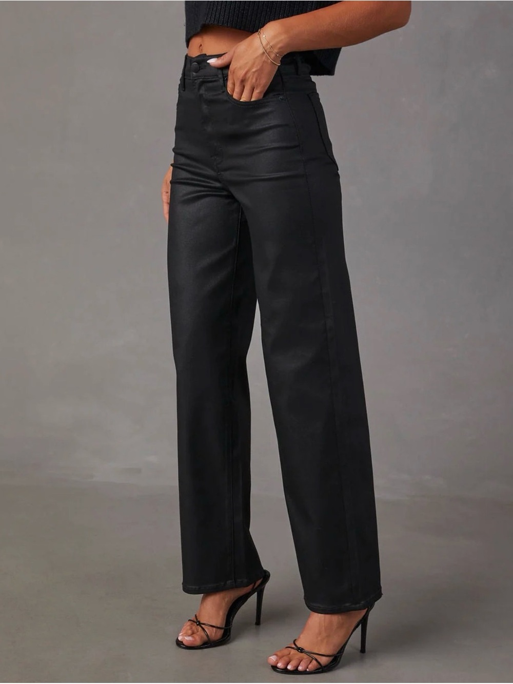 VICI Black High-Rise Wide Leg Pants - Sleek Leather-Look